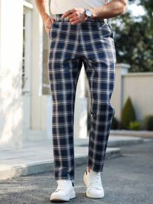 Manfinity Bizformal 男士休闲通勤格子锥形西装裤 - 彩色 - 查看 3