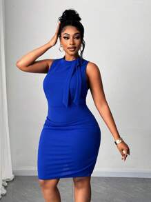 Maweii Plus Size Women Elegant Bodycon Sleeveless Mini Dress - Blue - View 3