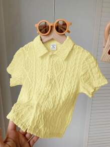 SHEIN LMoss Kids Unisex Baby Casual Solid Color Hollow-Out Soft Knitted Round Neck Short Sleeve Cardigans - Yellow - View 7