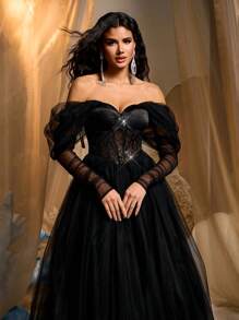 Glamrae Elegant And Luxurious Black Detachable Sleeves Off- Shoulder Sexy Sequins Mesh Puff Sleeves Corset Long Dress, Suitable For Weddings, Parties, Vacations, Dances, Celebrations, Evening Dress, Party Dress, Wedding Guest Dress, Formal Dress, Gown, Halloween - Black - View 4