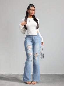 SHEIN Tall 女士牛仔裤 紧身弹力破洞喇叭裤 蓝色高腰紧身喇叭裤 牛仔裤 女式紧身裤 牛仔布 喇叭裤 紧身裤 女式紧身裤 喇叭裤 - 淺色水洗藍 - 查看 3