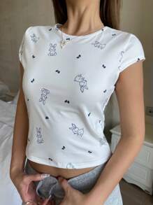 SHEIN TEEN GIRL 白色卡通可爱图案圆领短袖，合身可爱短袖 T 恤 - 白色 - 查看 1