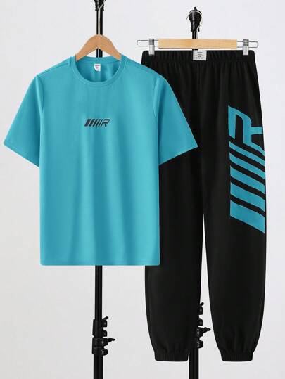 SHEIN 2pcs/Set Teen Boys Casual Minimalist Letter Print Crew Neck Pullover Outfit, Suitable For Summer, Sports, Running, Outdoor