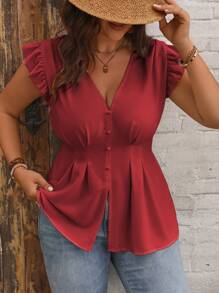 SHEIN Clasi Plus Size Women Summer Solid Color V-Neck Cap Sleeve Pleated Blouse Peplum Top - Red - View 4