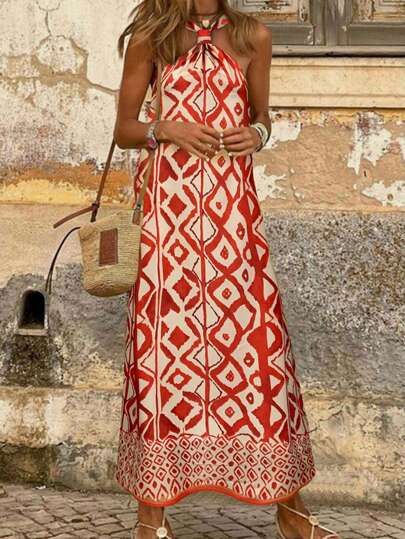 Breezaya Vestido largo de línea A bohemio con cuello de lazo y estampado geométrico para vacaciones de mujer