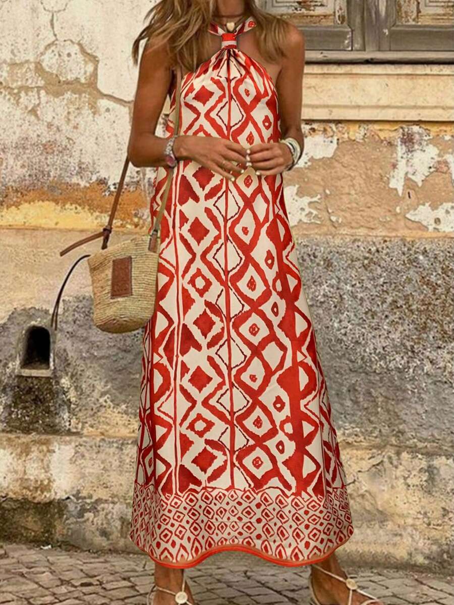 Breezaya 女士系带波西米亚几何 A 字长款度假连衣裙 - 橘色 - 查看 1