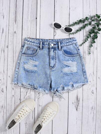 SHEIN Teen Girls Casual Pocketed Distressed Frayed Hem Denim Shorts