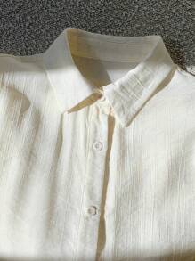 Comfortcana 春夏衬衫白色休闲纯色落肩前扣沙滩衬衫 - 杏色 - 查看 7