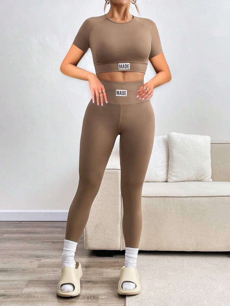 INAWLY 2pcs/Set Women Letter Print Cropped Top And Leggings - Coffee Brown - View 1