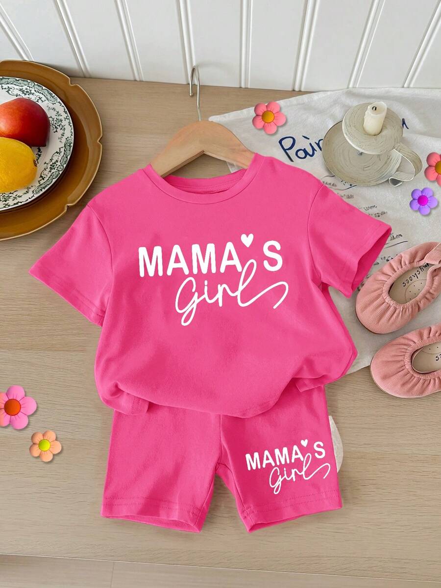 SHEIN 2 件套女童休闲简约短袖上衣和短裤套装，适合夏季