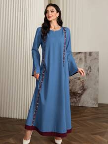 Al Najma 女式优雅拼色刺绣朴素时尚阿拉伯风格长裙，春/秋 - 霧霾藍 - 查看 4