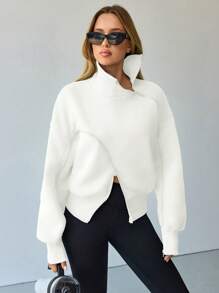 Hanevo Women's Lantern Sleeve Zip-Up Mock Neck Fleece Sweatshirt Sportwear For Daily Wear - White - View 3