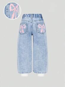 Young Girls' Light Blue Cute Pink Bow Print Elastic Waist Casual Wide Leg Washed Denim Pants Summer Holiday