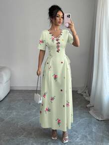 Al Najma 女士优雅花卉刺绣交叉腰阿拉伯连衣裙 - 綠色 - 查看 6