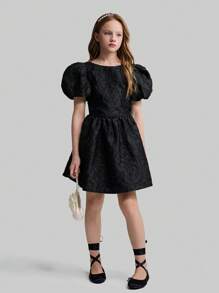 Ontre Conjunto de 2 piezas para niña preadolescente con camisa de mangas con forma de pétalo de tejido jacquard y falda entallada