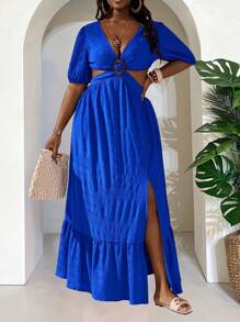 Slaydiva 2025 优雅休闲纯蓝色系带大码迷你连衣裙