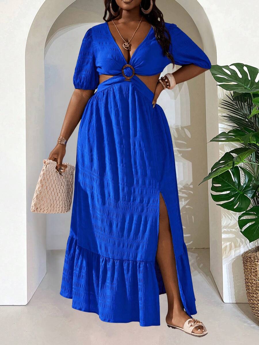 Slaydiva 2025 优雅休闲纯蓝色系带大码迷你连衣裙