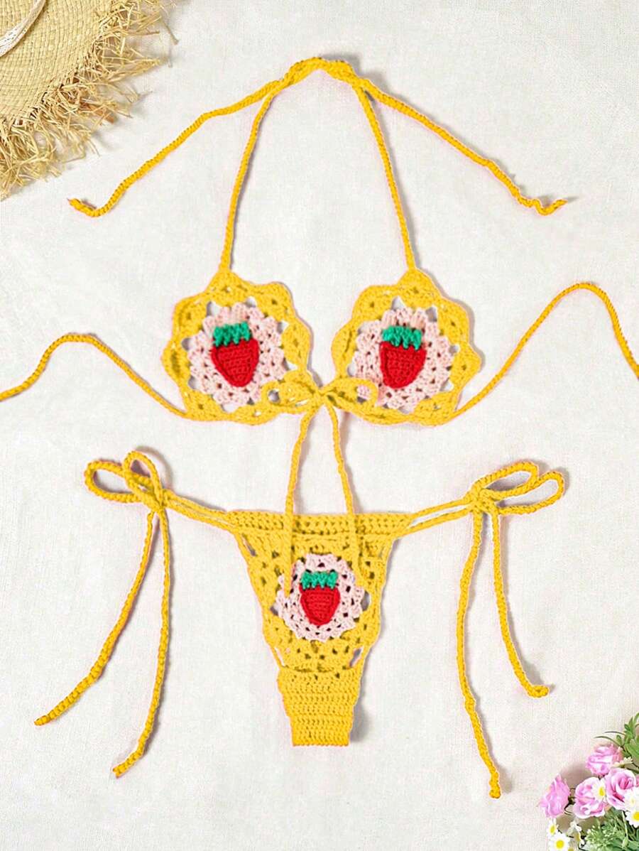 Swim Mod Women's Crochet Strawberry Pattern Halter Top And Tie-Up Triangle Cover-Up Bikini Set, Resort Wear For Summer Beach Vacation - Yellow - View 1