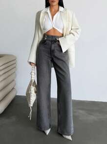 EURMUSE HIGH WAIST  Grey Acid Wash Belt Detail Wide Leg Jeans - Medium Wash - View 5