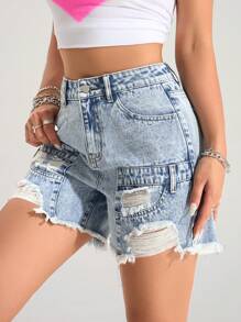 SHEIN EZwear Dames Casual Versleten Gerafelde Zoomzakken Denim Shorts