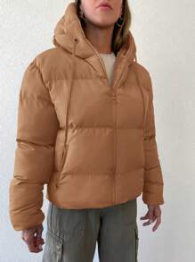 EURMUSE Women's Drawstring Hooded Padded Jacket - Brown - View 3