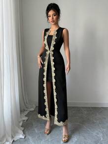 Rafferiza Elegant Waist-Cinched Fitted Sleeveless 2 In 1 Lace-Trim Black Long Dress, Suitable For Spring & Summer - Black - View 3