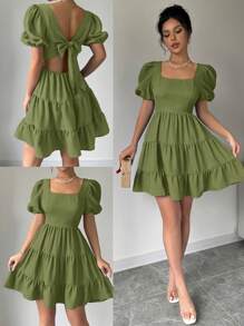 Rafferiza Damen Kleid mit Puffärmeln, rückenfreiem Rüschendetail und Schleife, romantisch elegant für Abschluss, Konzert, olivgrünes Strandkleid im Boho-Stil, Sommerkleid 2025 neu, kurzes Kleid