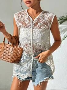 Chiquease 度假休闲欧根纱刺绣无袖衬衫 - 杏色 - 查看 3