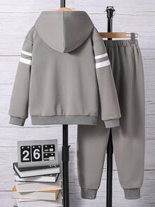 SHEIN 2pcs Tween Boys Thickened Hooded Jacket & Pants Set, Warm Winter Casual Wear - Grey - View 2