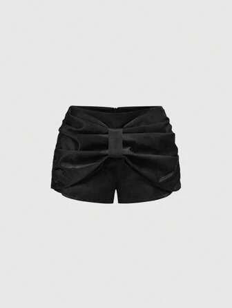 Short de satén con decoración de moño estilo Y2K para niña dulce