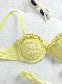 Swim Mod Knit Jacquard Solid Spaghetti Strap Cami Top And Spaghetti Strap Bikini Bottoms, Women Two Pieces Beach Summer Spaghetti Strap Bikini Set Set - Yellow - View 5