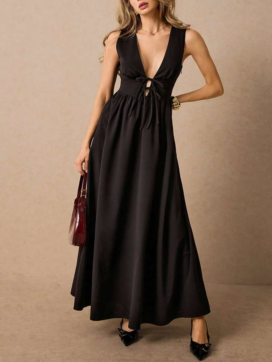 Poéselle Women's Elegant Black Maxi Dress,Summer Night Out Tie-Front Sleeveless Long Dress,Chic Casual Party Outfits,Sleek Resort Dresses For Women - Black - View 1
