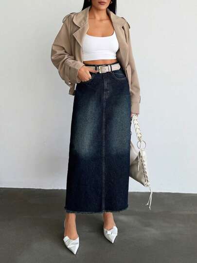 SHEIN Cottnline Women's High Waist Pockets Straight Loose Casual Long Denim Skirt