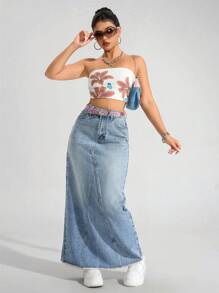 Jeanoix Women High Waist Pocket Design Long Casual Versatile Denim Skirt Y2k - Light Wash - View 4