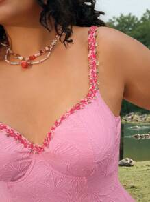 Swim Mod Đồ bơi một mảnh cỡ lớn cho nữ, Bikini có dây đeo vai họa tiết hoa dễ thương và ngọt ngào, vải có họa tiết cho kỳ nghỉ ở bãi biển, màu hồng - Hồng - Xem 5