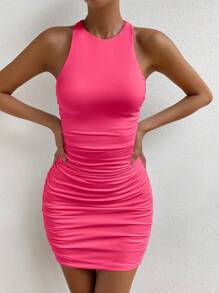 Chiquease Sexy Solid Color Ruched Fitted Backless Mini Halter Dress, Women Dresses Vacation - Pink - View 6