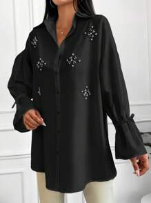 Cotton Pearls Beaded Knot Cuff Drop Shoulder Shirt