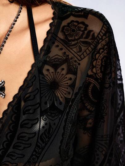 Fairycore Dark Vintage Floral Fringe Hem Sheer Cover-Up Cover Up