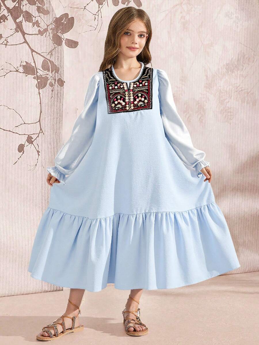 SHEIN Explorewe 春夏少女优雅民族风荷叶边领喇叭网眼长袖连衣裙,适合日常、节日、晚宴、家庭聚会 - 藍色 - 查看 1