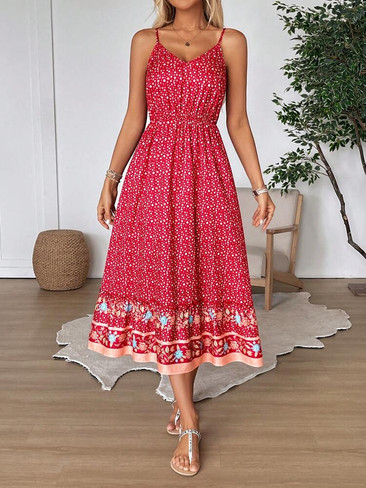 Women's Red Boho Maxi Dress: Sleeveless Spaghetti Strap Woven Fabric Dress With Ruffle Hem And Floral Print Detail