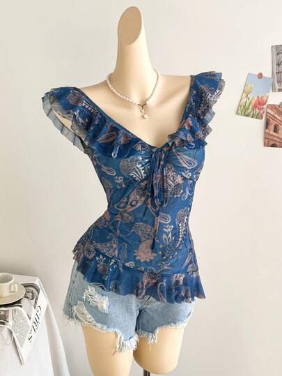 Soleia 女式度假针织弹力网眼蓝色扎染复古佩斯利印花飘逸下摆装饰吊带背心