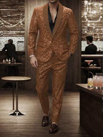  Manfinity Mode 西装套装：长袖夹克和裤子，闪亮简约休闲装，适合日常穿着、男友礼物、情人节男士