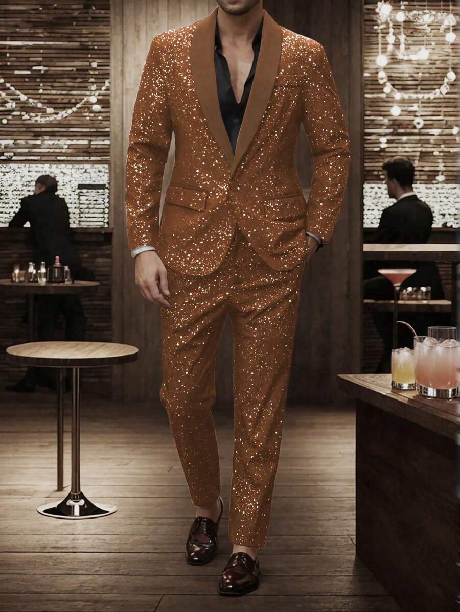 Manfinity Mode Set da completo Manfinity: giacca a maniche lunghe e pantaloni, outfit casual minimalista scintillante per uso quotidiano, regalo per il fidanzato, San Valentino uomo