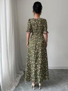 Modelyn 女式泡泡袖碎花连衣裙，撞色边，超长款女士装长款晚礼服 - 綠色 - 查看 2