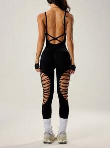 Slayoga Solid Color Hollow-Out Backless Jumpsuit