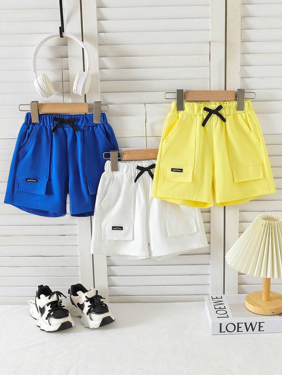SHEIN Set de 3 pantalones cortos cargo con bolsillos grandes de estilo coreano simple y casual para niño, versátil y de moda, para el verano - Multicolor - Ver 1