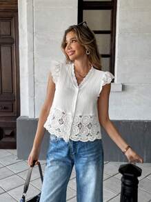 Pariaura Damen V-Ausschnitt Spitzen-Häkeldesign ärmelloses Top