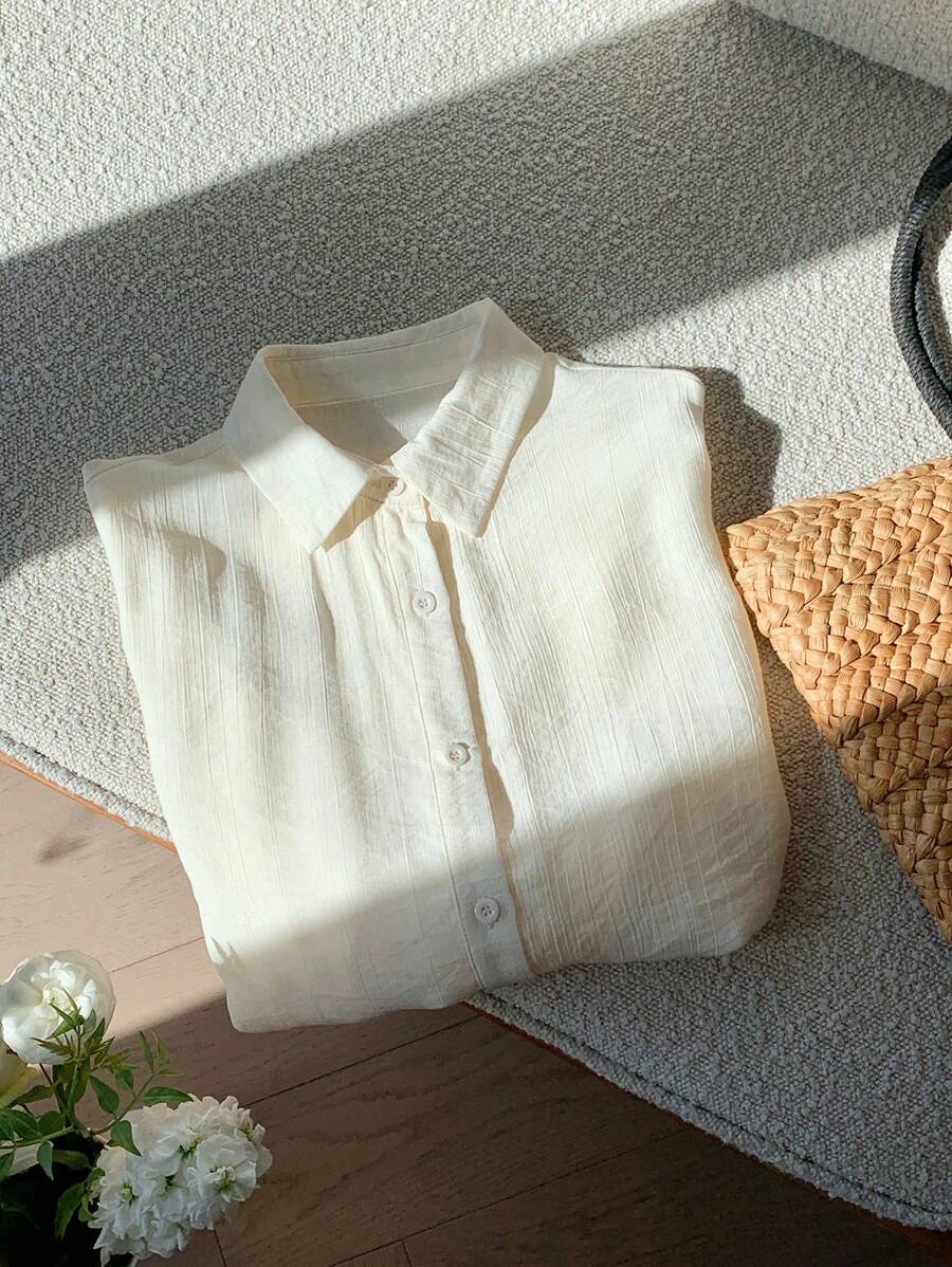 Comfortcana 春夏衬衫白色休闲纯色落肩前扣沙滩衬衫 - 杏色 - 查看 1