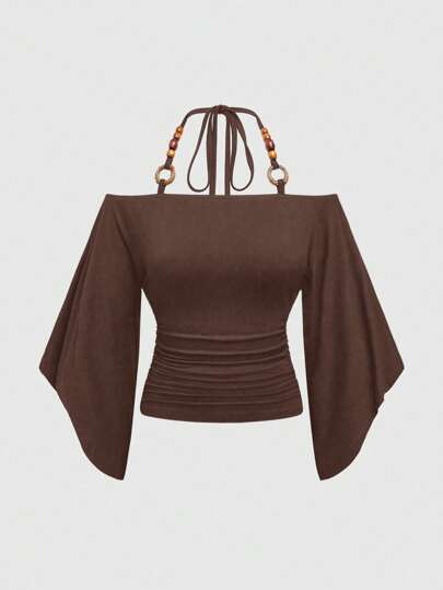 Hippie Vintage Loose Off-Shoulder Wooden Bead Decor Bat-Wing Sleeve Women T-Shirt