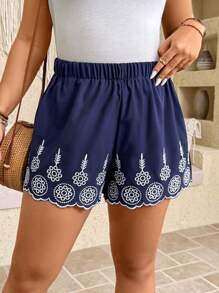 SHEIN Clasi Shorts estampados para mujer talla grande, apropiados para el Día de San Patricio, raves, festivales, vacaciones de primavera, estilo boho - Azul Marino - Ver 5